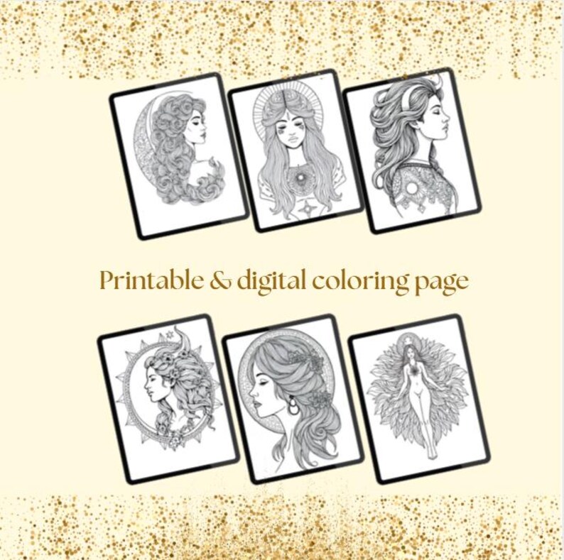 Peut inclure: Six pages de coloriage num&eacute;riques en noir et blanc avec des illustrations de femmes avec des &eacute;l&eacute;ments c&eacute;lestes et floraux. Le texte "Printable & digital coloring page" est affich&eacute; en marron sur un fond beige clair.