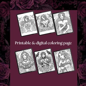 Puede incluir: Seis p&aacute;ginas para colorear digitales con ilustraciones en blanco y negro de mujeres con cabello largo, adornadas con detalles g&oacute;ticos y florales. El texto "Printable & digital coloring page" es visible. Fondo de color burdeos oscuro.