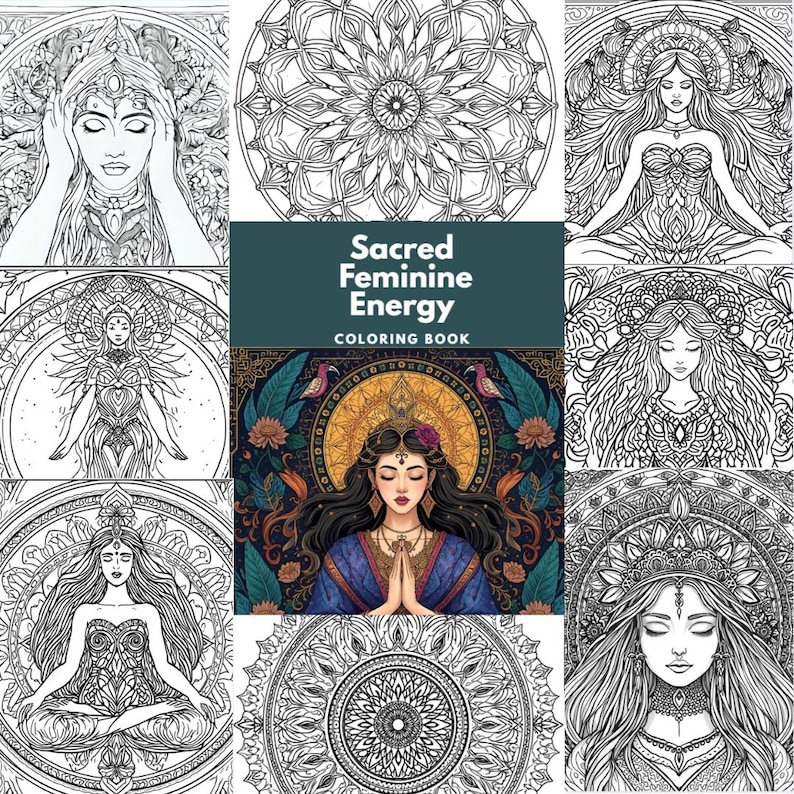 Puede incluir: Una colecci&oacute;n de p&aacute;ginas de un libro para colorear con intrincadas ilustraciones de mujeres y mandalas. La portada del libro dice "Sacred Feminine Energy Coloring Book". Las im&aacute;genes son en blanco y negro, con detallados dibujos lineales.