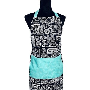 Black & White Names of Jesus Ramsay Apron with Teal Accents