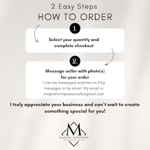 2 EASY STEPS HOW TO ORDER: Select your button quantity and complete checkout. Message seller with your photo(s) via Etsy messages or by email. Email address is magneticimpressionsllc@gmail.com
Let seller know if you have any questions- they are happy to help!