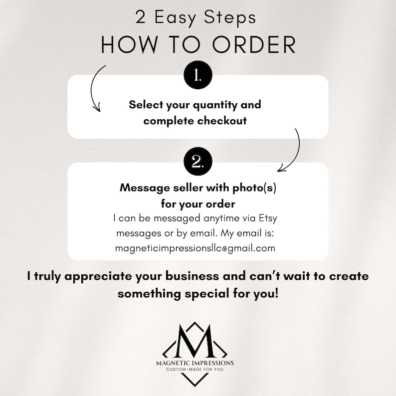 2 EASY STEPS HOW TO ORDER: Select your button quantity and complete checkout. Message seller with your photo(s) via Etsy messages or by email. Email address is magneticimpressionsllc@gmail.com
Let seller know if you have any questions- they are happy to help!