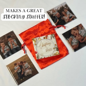 Custom Christmas Photo Magnet Set: 2x2-inch Custom Photo Magnets | Personalized Christmas Gift | Stocking Stuffer With Red Satin Gift Bag