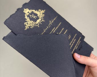 Black Handmade Paper Wedding Invitation • Gold Foil & Deckle Edge