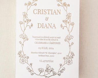 Gold Foil Embossed Wedding Invitation – Floral Luxury Design on White Cardstock, Elegant Custom Text