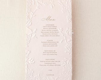 Real Gold Foil Embossed Wedding Menu – Elegant Floral Raised Design on Handmade Cotton Paper