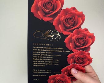 Luxury Black Wedding Menu with Red Roses • Gold Foil Soft Touch • Customizable Design