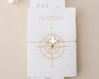 Passport Wedding Invitation: Embossed Travel Theme, Gold Airplane Charm