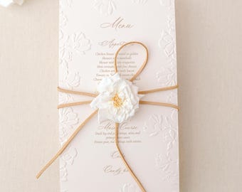 3D Floral Embossed Wedding Menu: Suede Cord & Handmade Paper Flower