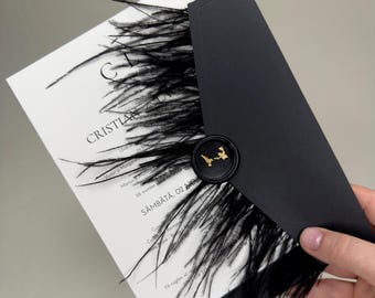 Modern Black Wedding Invitation • Feather Envelope & Photo Insert
