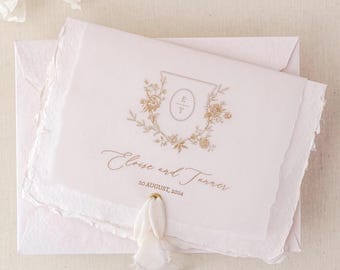 Gold Foil Monogram Wedding Invitation: Handmade Cotton Paper with Deckled Edges