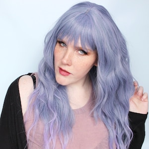 Long purple wig, 28&quot; wig, wavy purple wig, pastel purple wig with bangs, synthetic hair wig, scene wig, heat friendly wig -- Moon Berry