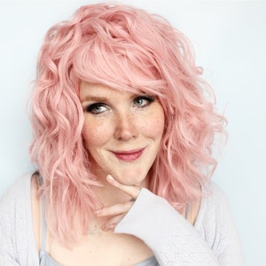 Wavy pink wig, pastel wig, curly pink wig with bangs, synthetic hair wig, cosplay wig -- Cloud Petals