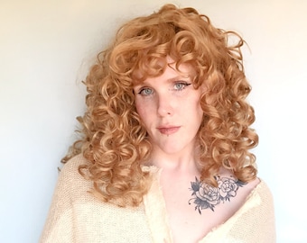 Blonde curly wig, curly blonde wig with bangs -- Buttermilk Beauty