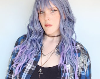 Long purple wig, wavy purple wig, pastel purple wig with bangs, scene wig, soft girl wig -- Moon Berry