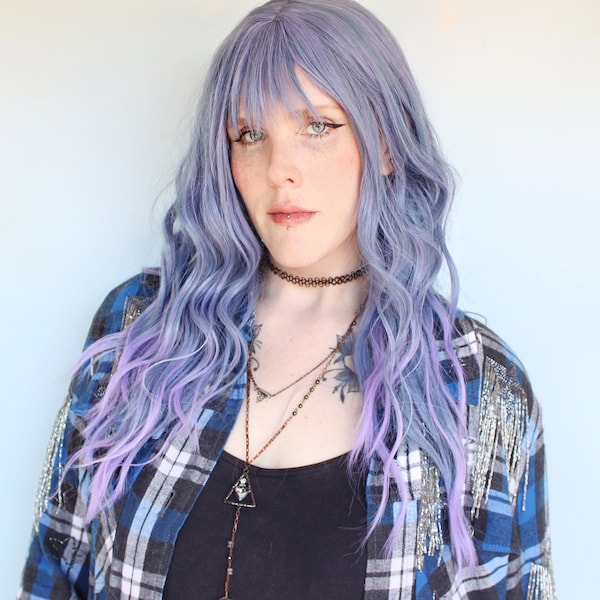 Long purple wig, wavy purple wig, pastel purple wig with bangs, scene wig, soft girl wig -- Moon Berry