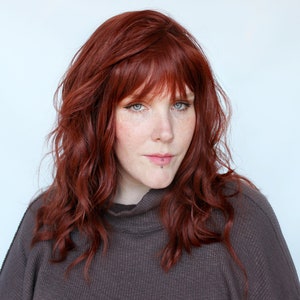 Wavy red wig, auburn red wig, red wig with bangs, redhead wig, ginger wig -- Whispering Leaf