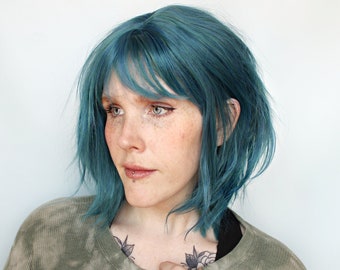 Short Blue Wig · Straight Unit with Bangs for Cosplay, Daily Wear Piece for Alopecia, Cancer and Hair Loss