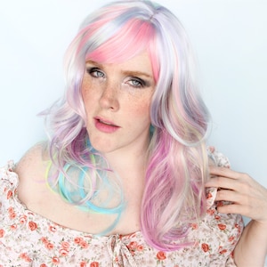Pastel wig, wavy wig, pastel rainbow wig, colorful wig, cosplay wig, scene wig -- Sparkle Blossom