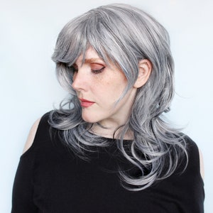 Gray wig, wavy grey wig, silver wig with bangs -- Arctic Mist