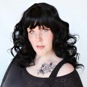 Curly black wig, wavy black wig, wig with bangs -- Cypress Moon