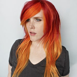 Red scene wig, scene emo wig, long straight red wig, orange yellow flame fire emo wig, cosplay Halloween wig -- Flamepoint