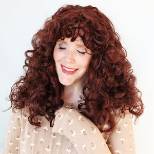 Curly Reddish Brown Wig · Glueless Spiral Hair Unit with Bangs - Burgundy Red Auburn