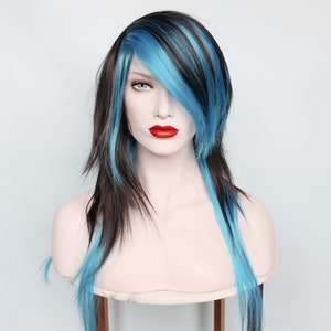 Scene emo wig, black scene wig, straight emo wig, long black blue wig, 26&quot; wig, heat friendly wig -- Supernova Sea Crystal