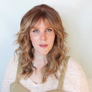 Dark blonde wig, long blonde wig with bangs -- Irish Lass