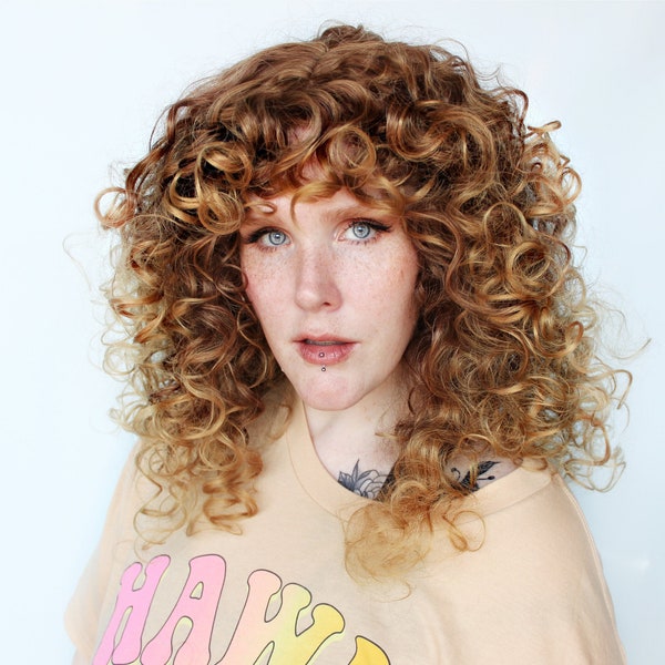 Curly brown wig, curly wig with bangs -- Wild Filly