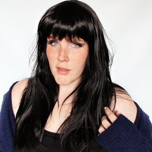 Long black wig, straight black wig with bangs, goth wig, halloween wig, pinup wig -- Equinox