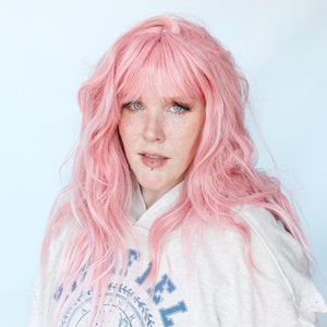 Long pink wig, wavy pink wig, wig with bangs -- Raspberry Gemfruit