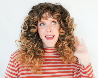 Curly Brown Wig · Glueless Spiral Unit with Bangs Brunette Blonde Ombre