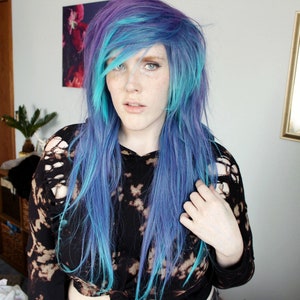 Blue Purple Scene wig, Straight purple blue wig, mermaid hair wig with bangs, heat friendly synthetic hair wig -- Crystal Solstice