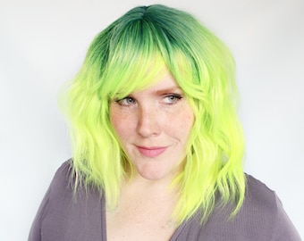 Neon green wig, wavy green wig, cyber goth wig, scene emo wig -- Electric Jungle