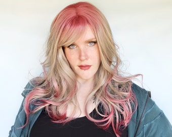 Pink blonde wig, wavy pink ombre wig, gray pink wig -- Cherry Blossom Beach