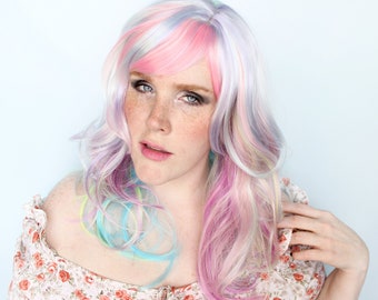 Pastel wig, wavy wig, pastel rainbow wig, colorful wig, cosplay wig, scene wig -- Sparkle Blossom