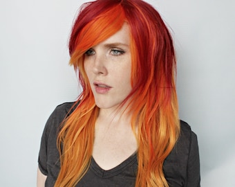 Red scene wig, scene emo wig, long straight red wig, orange yellow flame fire emo wig, cosplay Halloween wig -- Flamepoint