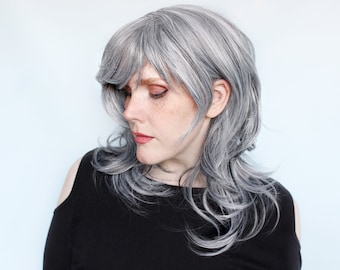 Gray wig, wavy grey wig, silver wig with bangs -- Arctic Mist