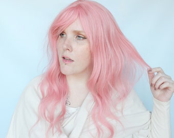 Long pink wig, wavy pink wig, 26" pink wig with bangs, pastel wig -- Rose Beach