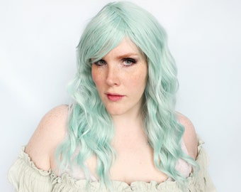 Long green wig, pastel wig, wavy green wig with bangs, cosplay wig, mermaid hair wig, festival hair -- Seafoam Leaf