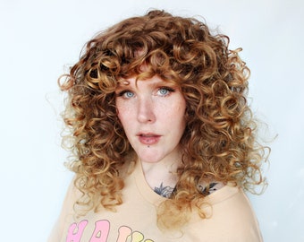 Curly brown wig, curly wig with bangs -- Wild Filly