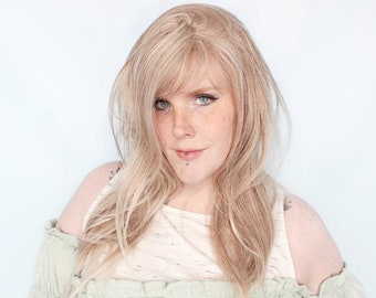 Long blonde wig, wavy blonde wig with bangs -- White Pine