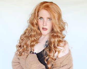 Blonde lace front wig, curly blonde wig, long lace front wig, strawberry blonde wig -- Peach Horizon