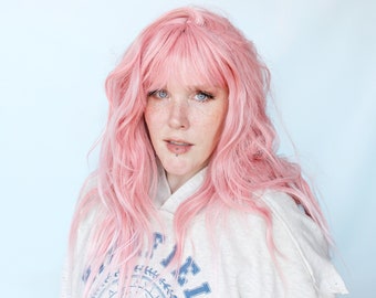 Long pink wig, wavy pink wig, wig with bangs -- Raspberry Gemfruit