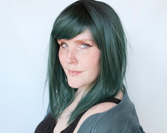 Straight green wig, 19" wig, synthetic hair wig, heat styleable wig, green scene wig, cosplay wig, emo wig -- River Fern