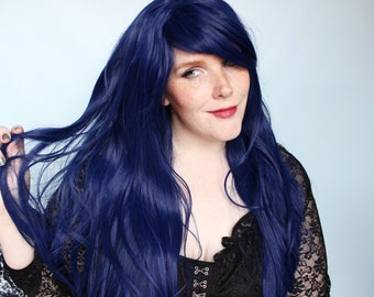 Long blue wig, dark blue wig, straight blue wig with bangs, cyber goth wig, emo wig -- Lost at Sea