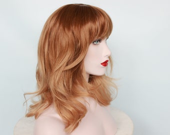 Ombre Brown Wig · Reddish Brunette Caramel Gradient Short Wavy Glueless Unit with Bangs, Heat Resistant