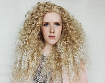Curly Blonde Lace Front Wig · Long Spiral Unit with White Tips Synthetic Hair Piece