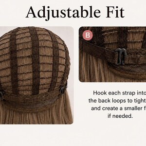 K&ouml;nnte beinhalten: Das Innere einer braunen Per&uuml;ckenkappe mit einem verstellbaren System aus elastischen B&auml;ndern und Haken. Der Text lautet Adjustable Fit und Hook each strap into the back loops to tighten and create a smaller fit if needed.